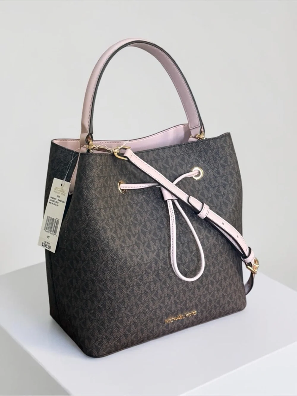 NWT Michael Kors Suri Brown Monogram Bucket Bag with Pale Pink Trim! NEW! - Picture 3 of 15